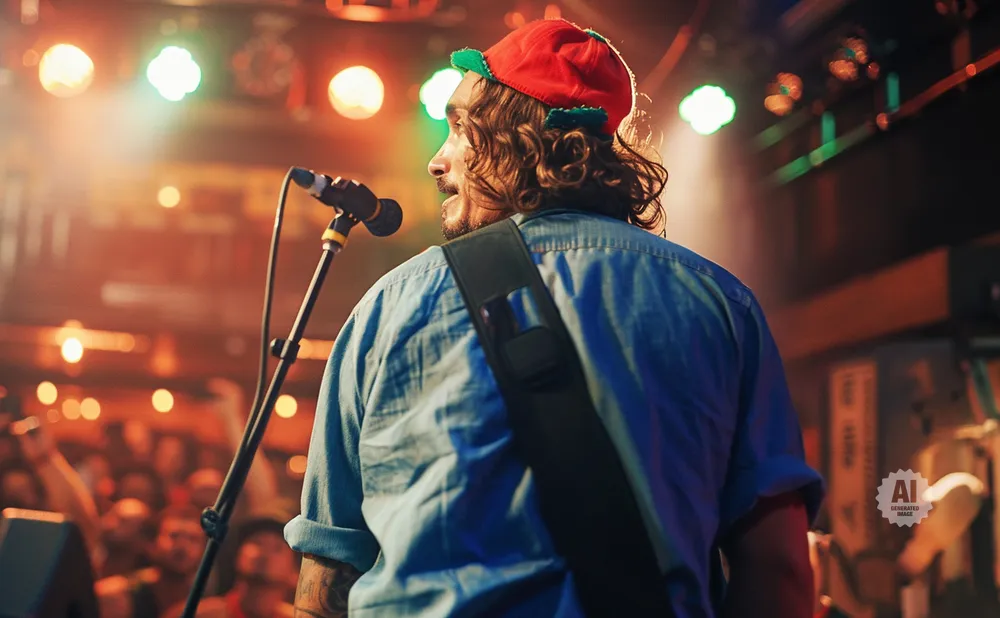 Man in a red elf hat and denim shirt sings into a microphone on a stage with a blurred audience and colorful lights.