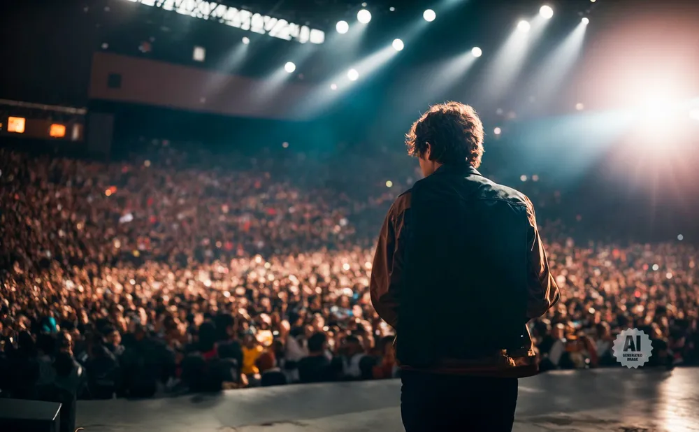 A performer on stage faces a large, cheering audience under bright stage lights.