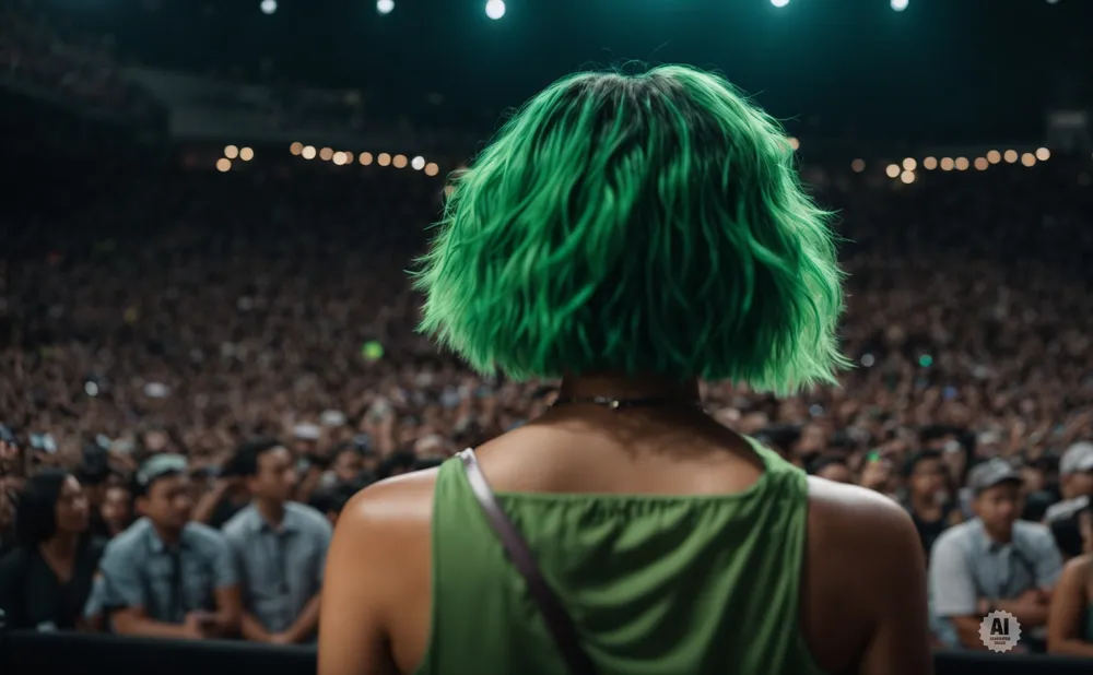 A person with vibrant green hair faces away from the camera, looking at a large, blurred crowd in a concert venue.