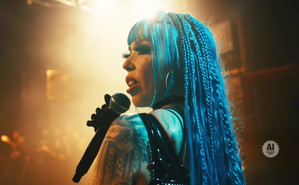 A drag performer with blue braided hair sings into a microphone under stage lights.