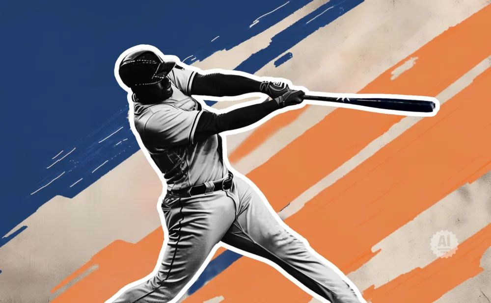 Stylized baseball player mid-swing against a blue and orange abstract background.