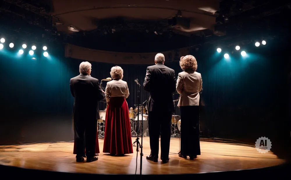 Four musicians stand on a dimly lit stage, facing away from the camera.