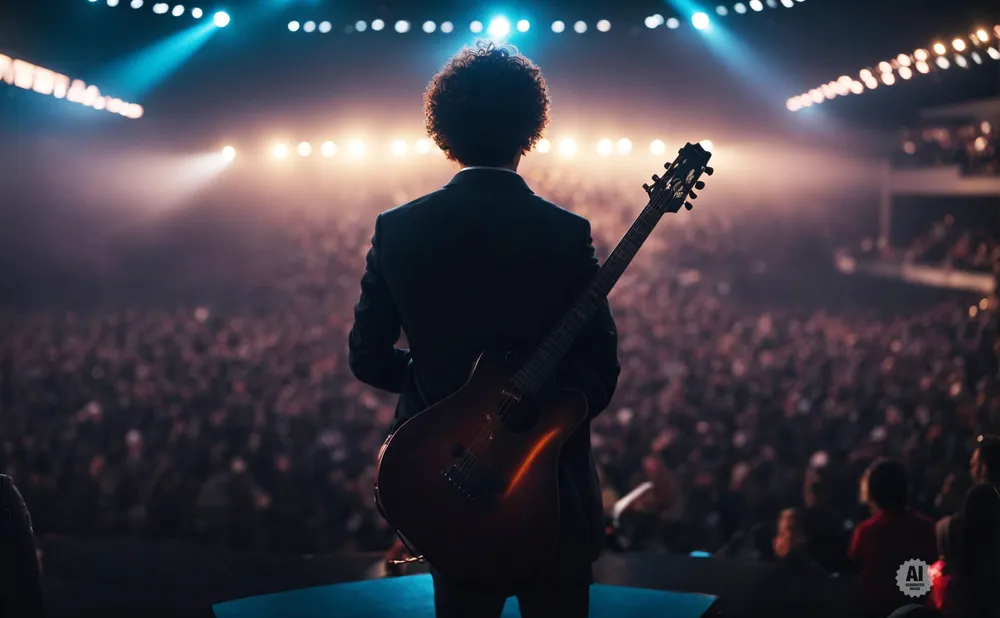 Guitarist in a suit on stage with a large crowd and bright stage lights.