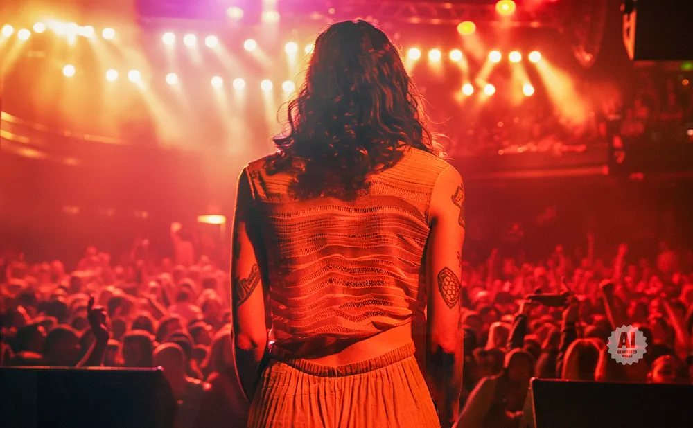 A person with long, dark hair stands facing away from the camera on a stage, with a cheering crowd in the background illuminated by red stage lights.