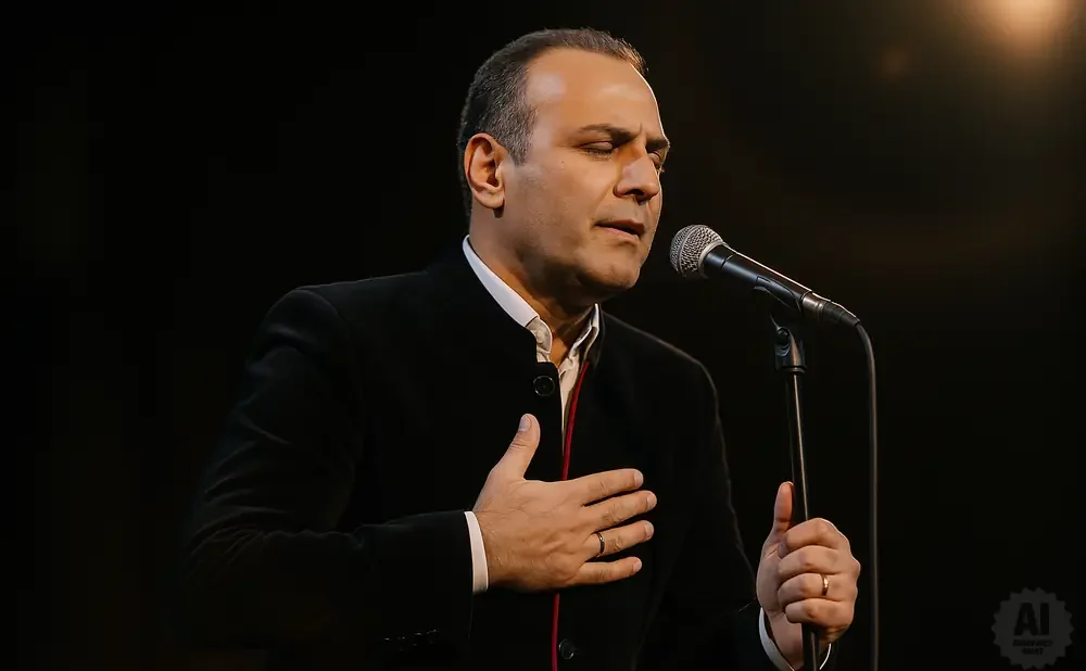 Singer with eyes closed, hand on chest, singing into a microphone on a dark stage.
