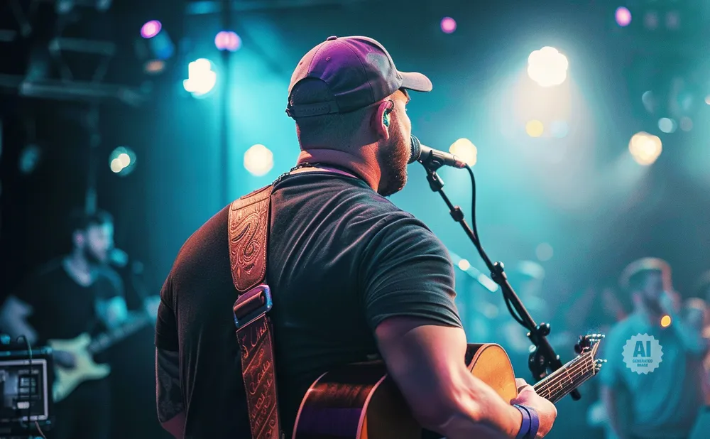 A man in a baseball cap plays an acoustic guitar and sings into a microphone on a stage with blue lighting.