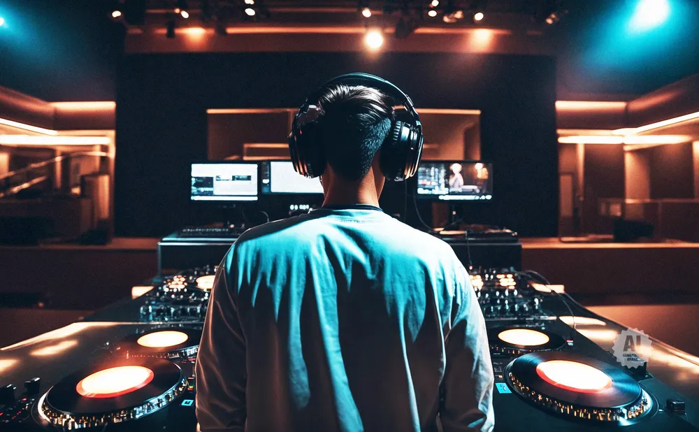 DJ wearing headphones and a sweatshirt stands behind a turntable setup, with screens in the background.