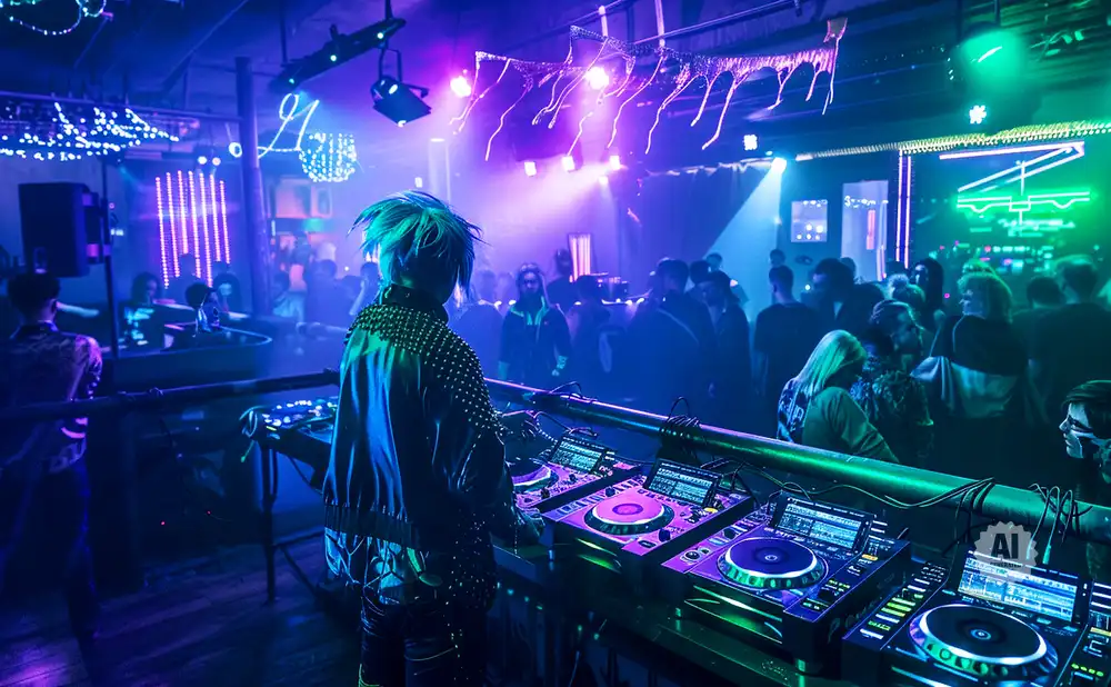DJ with blue hair playing music at a club with vibrant blue and green lights.