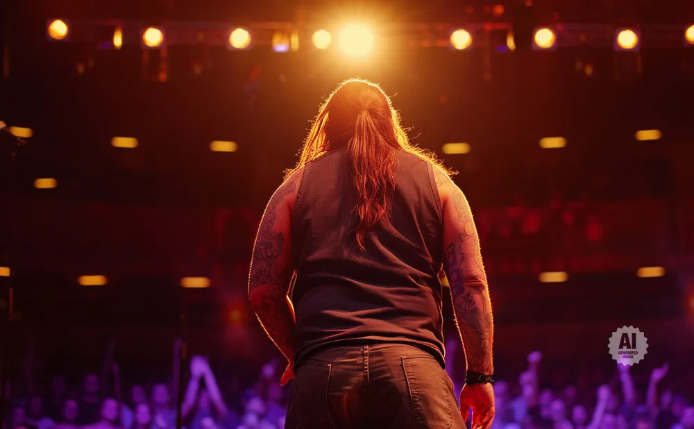 A man with long, dark hair and tattoos stands on a stage with his back to the camera, facing a bright spotlight.