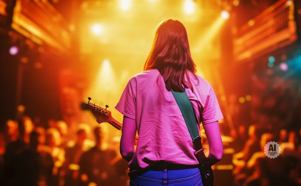 Guitarist on stage with audience blurred in the background, bathed in warm stage lights.