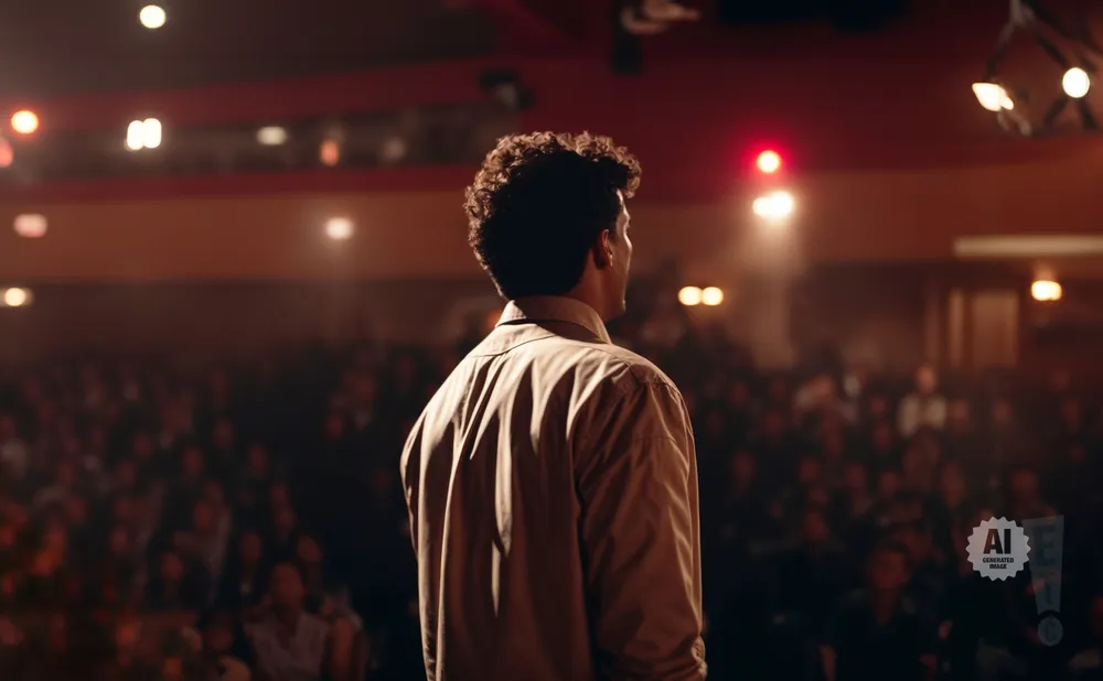 A man with curly hair stands on a stage facing a blurred audience, lit by warm spotlights.