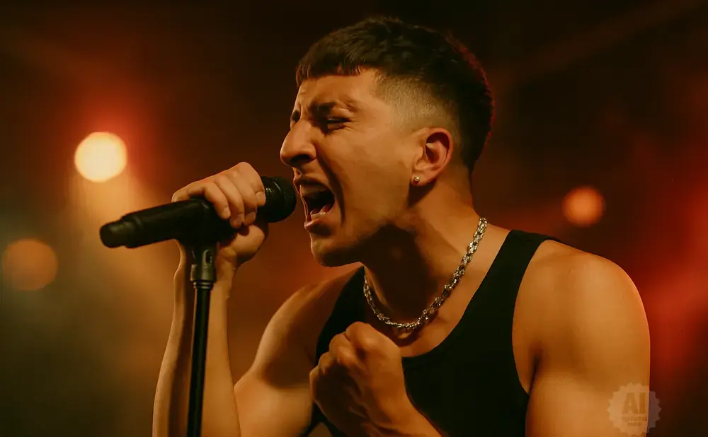 A male singer in a black tank top and silver chain sings passionately into a microphone on a dimly lit stage.