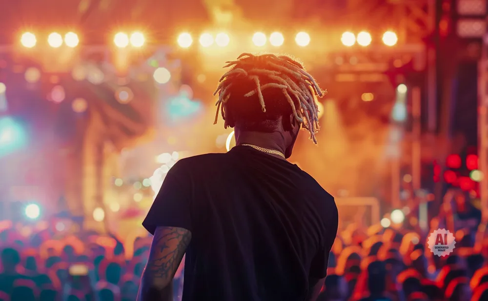 A person with dreadlocks on stage, facing a crowd with bright lights behind them.