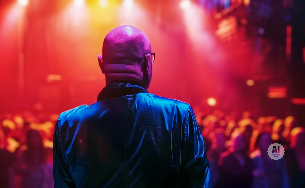 Man with bald head and glasses, facing away from camera, on a stage with bright red and pink lights.