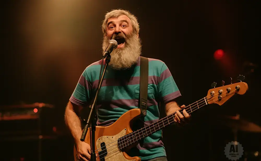 A bearded man sings into a microphone while playing a bass guitar on stage.