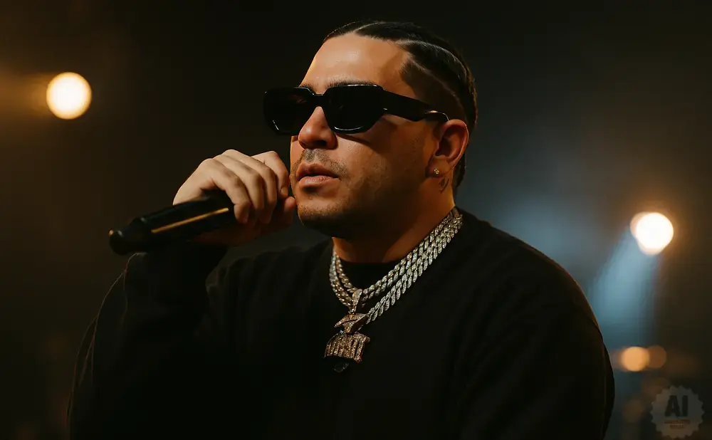 A man with sunglasses and chains holds a microphone, performing on stage with soft lighting.