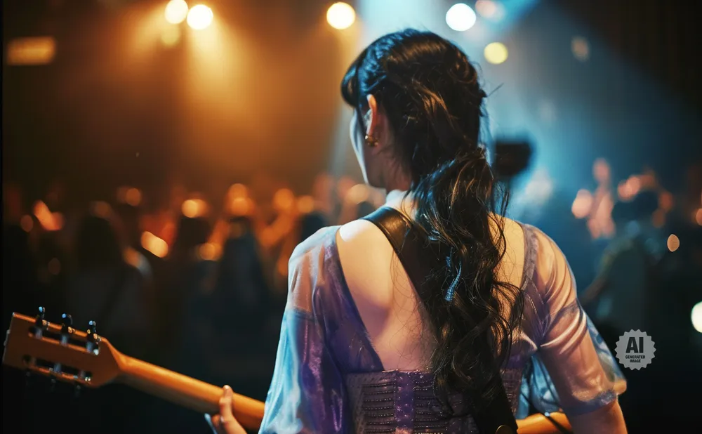 Woman with dark hair in a ponytail playing guitar on stage with blurred audience and lights.