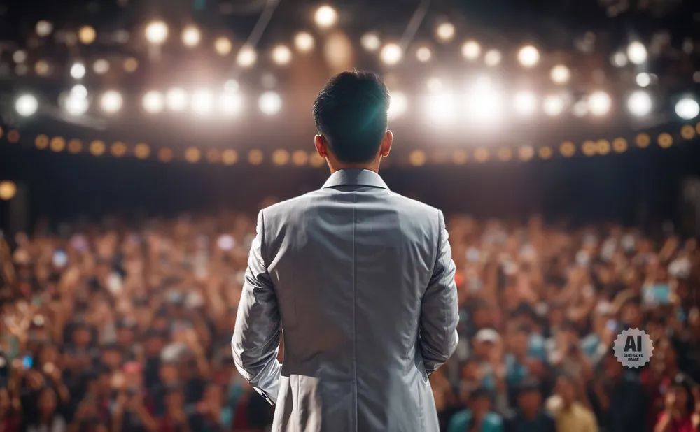 A man in a suit stands on a stage, facing a large, cheering audience.