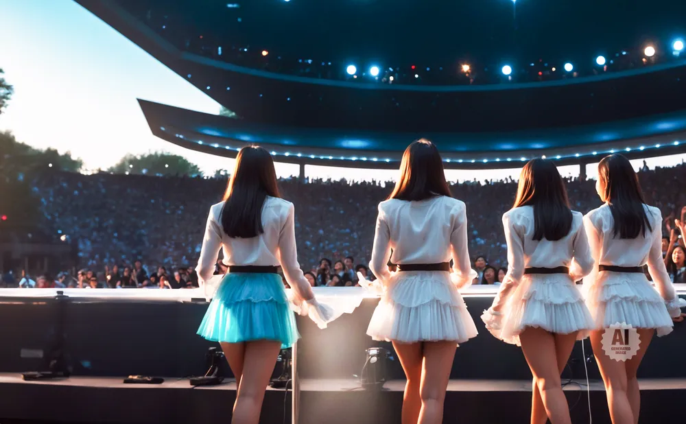Back view of four women on a stage in front of a cheering crowd, three wearing white outfits and one in a blue skirt.