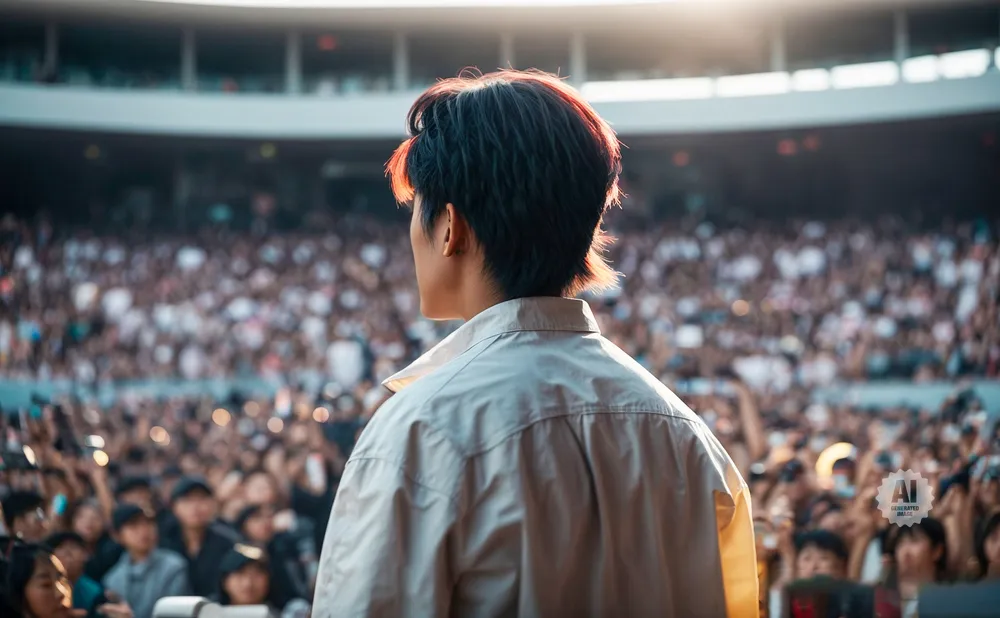 Person facing a large, blurred crowd at a concert.