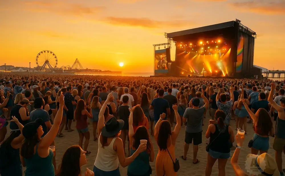 A massive beach concert crowd cheers for a band on stage at sunset, with a Ferris wheel in the background.