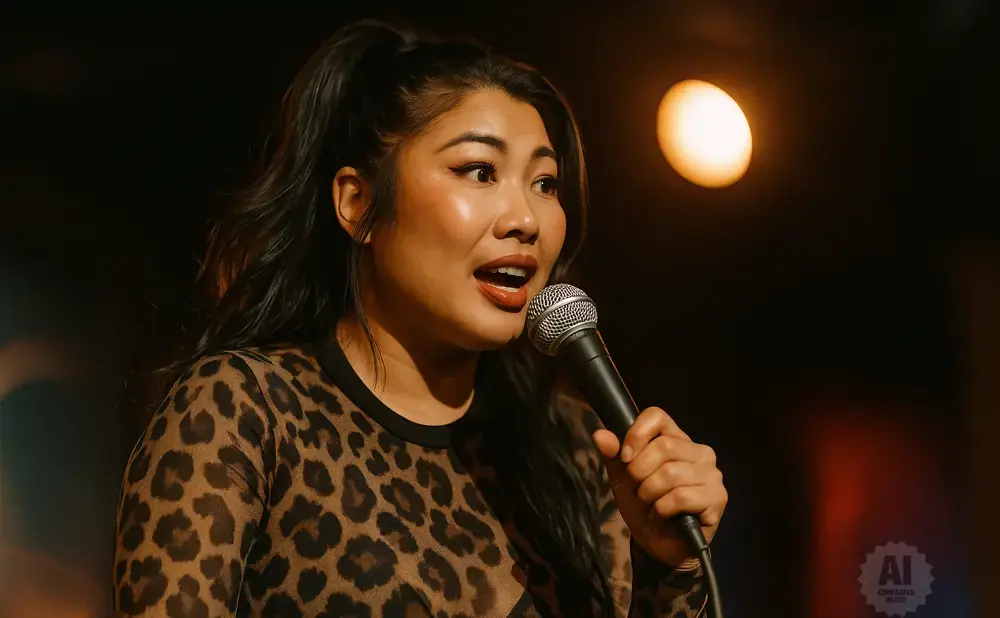 A woman with dark hair pulled into a ponytail wears a leopard-print top and holds a microphone.