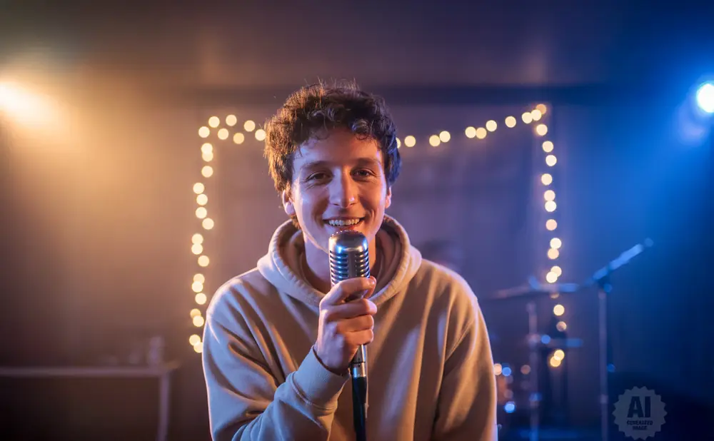 A young man smiles holding a microphone in a dimly lit room with string lights and stage lighting.