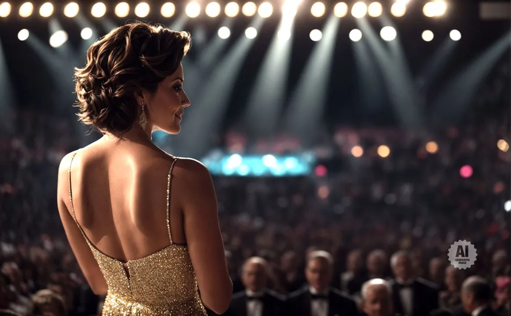 Woman in a gold sparkly dress on stage, facing away, with spotlights and an audience behind her.
