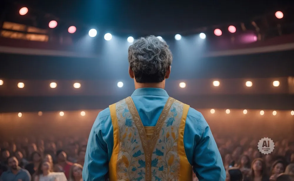 Man with curly gray hair in a blue shirt and ornate vest faces an audience under stage lights.