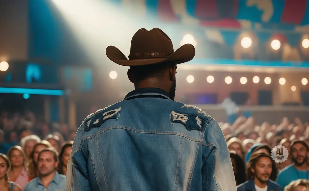 Man in cowboy hat and ripped denim jacket faces crowd on stage, with concert lights and colorful banners behind him.