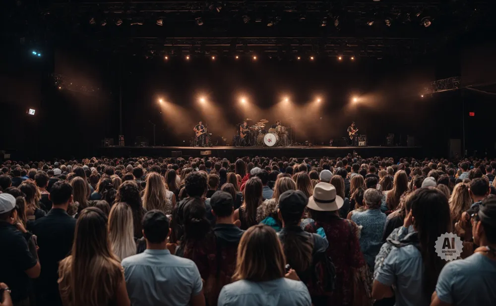 A band plays on a dimly lit stage to a large crowd of people.