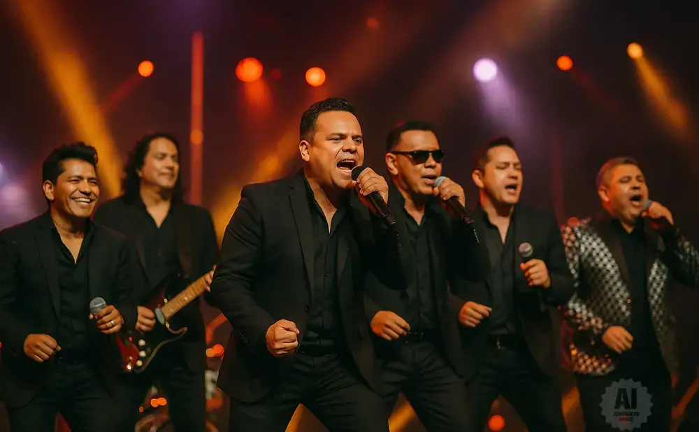 A band of six men in black suits perform on stage with colorful lights in the background.
