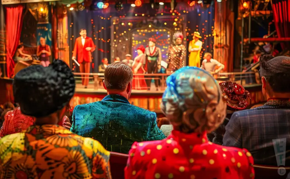 A stage performance with actors in colorful costumes and an audience viewing from behind.