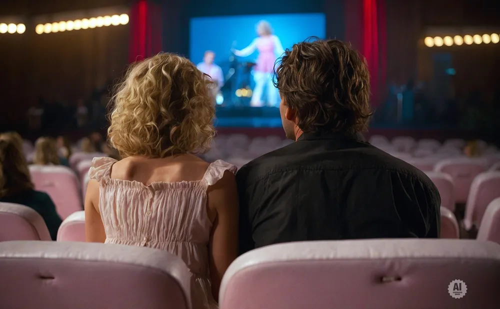 Couple watching a performance on stage at a venue with pink seats.