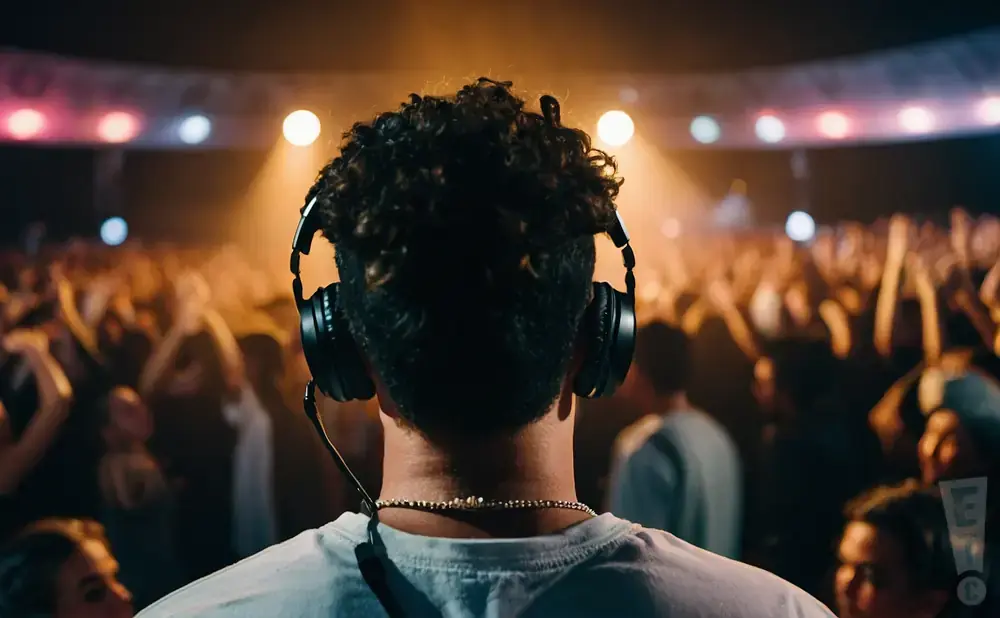 DJ with headphones on, facing a cheering crowd at a concert.