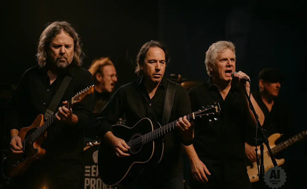 Four men in black shirts perform on stage, playing guitars and singing into microphones.