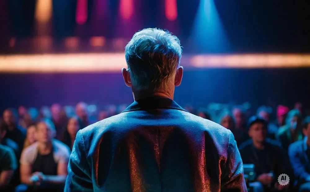A man in a suit faces away from the camera, speaking to an audience under colorful stage lights.