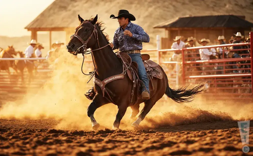Cowboy riding a horse in a rodeo arena, kicking up dust.