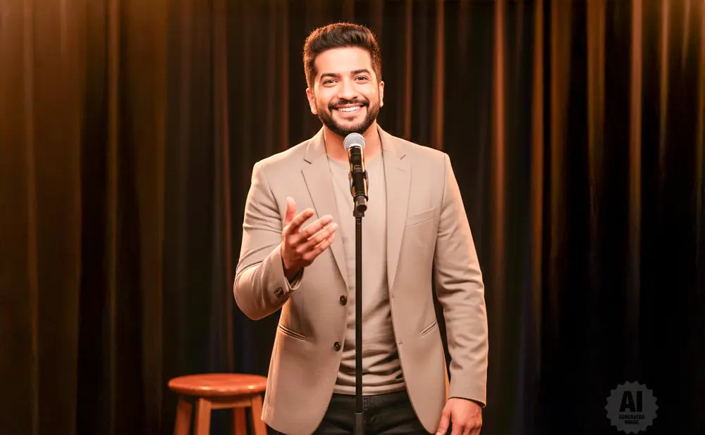 Comedian speaking into a microphone on stage, wearing a beige blazer and dark pants.