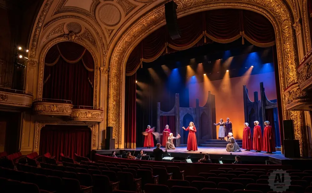 An opera performance on stage with a live orchestra in an ornate theater.