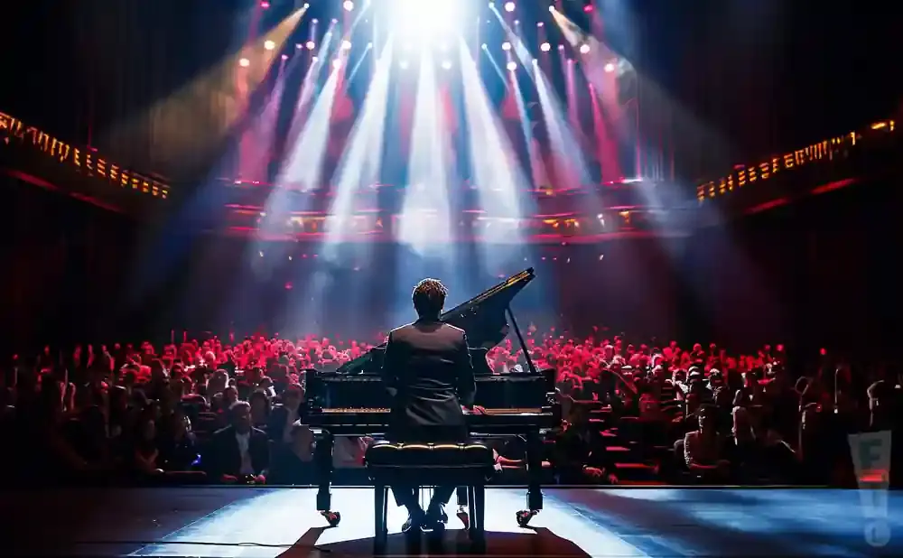 A pianist performs on stage at a grand piano in front of a large, red-lit audience.