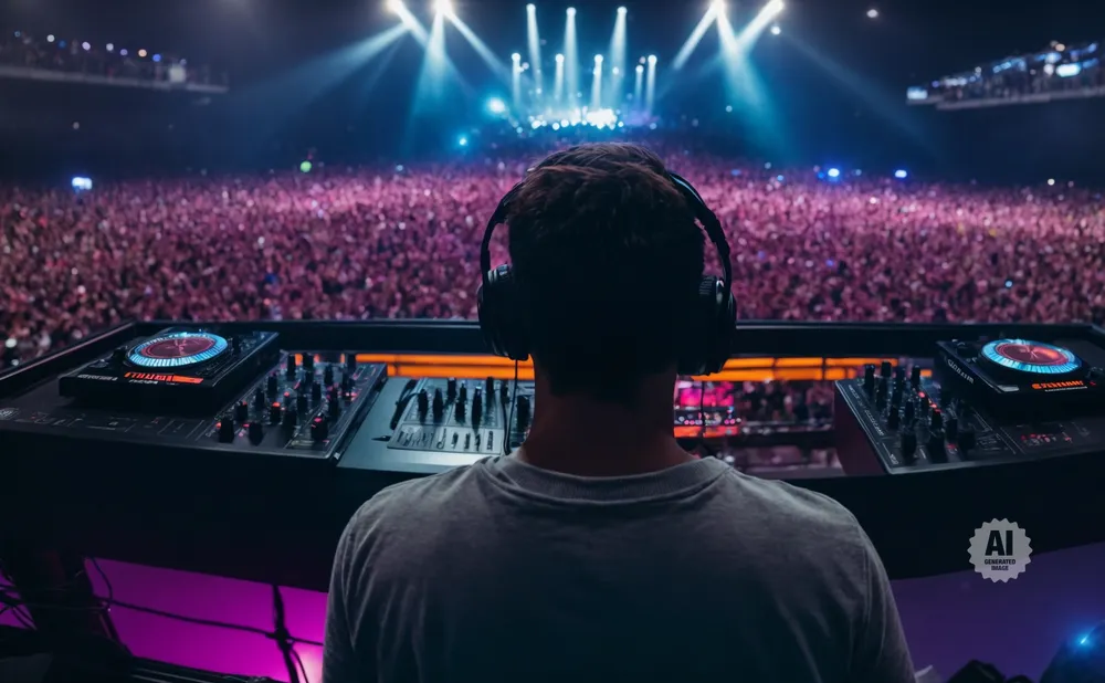 DJ with headphones at a console facing a massive, cheering crowd under bright stage lights.