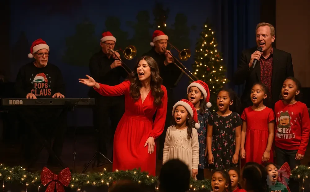 A choir of adults and children in Santa hats sing a Christmas song on stage with a band.