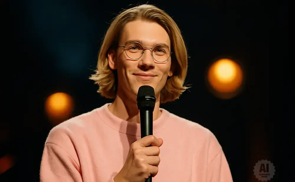 A blond man with glasses smiles while holding a microphone.