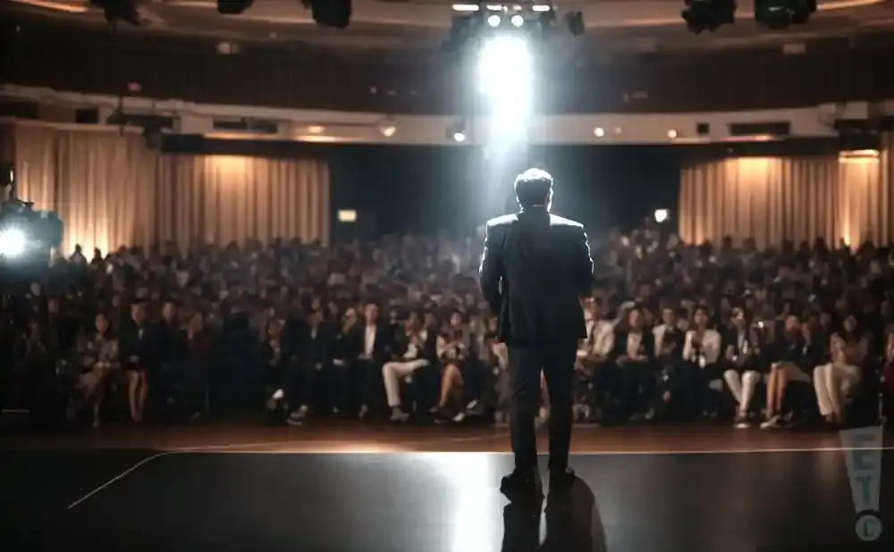 Man in a suit on stage addresses a large, seated audience under bright spotlights.
