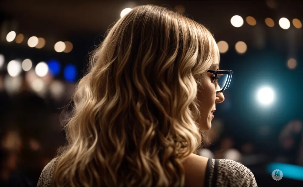 Woman with blonde wavy hair and glasses, seen from behind, in front of blurred bokeh lights.