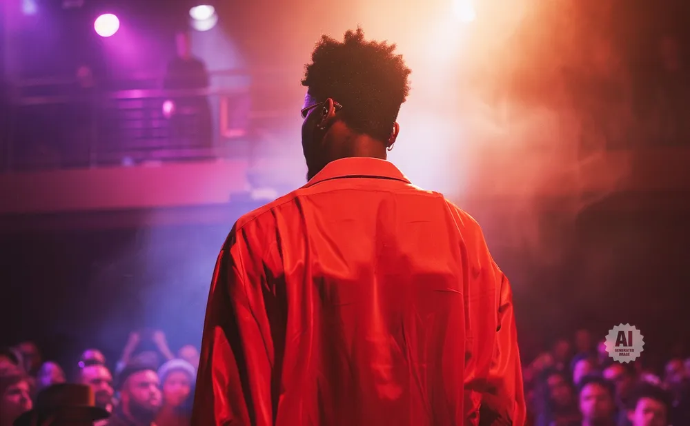 A person in a red shirt faces away from the camera on a stage with purple and orange lights, in front of a blurred audience.