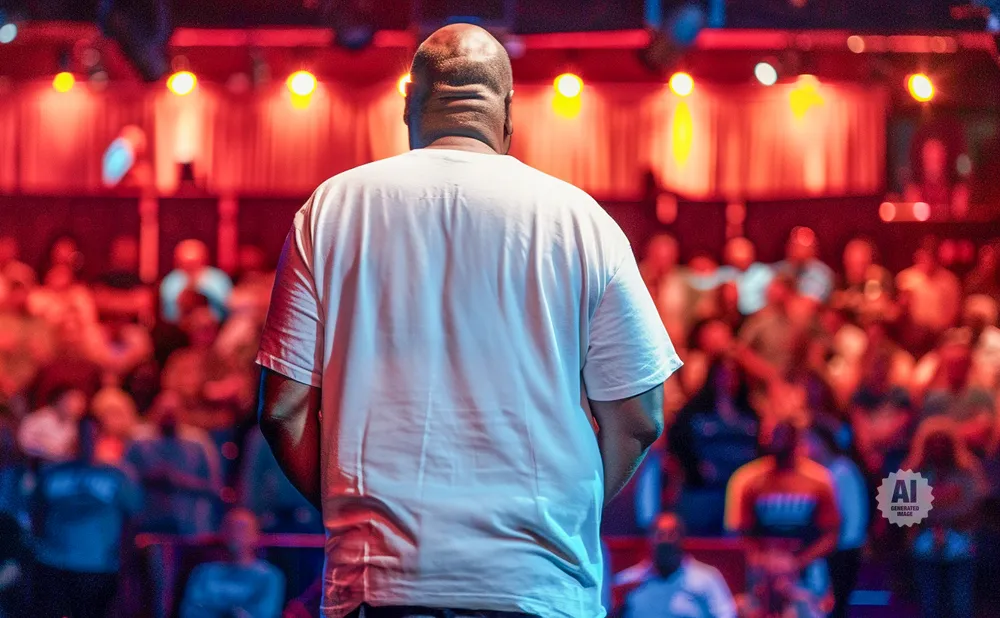 Back of a bald man in a white t-shirt on stage with a blurred audience and red stage lights.