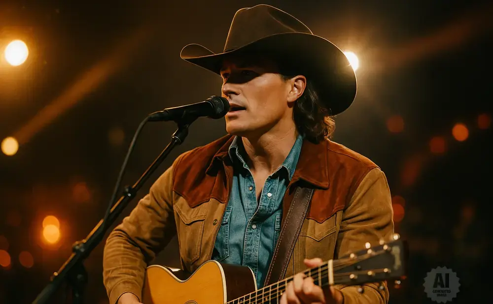 A cowboy with a guitar sings into a microphone on a dimly lit stage.
