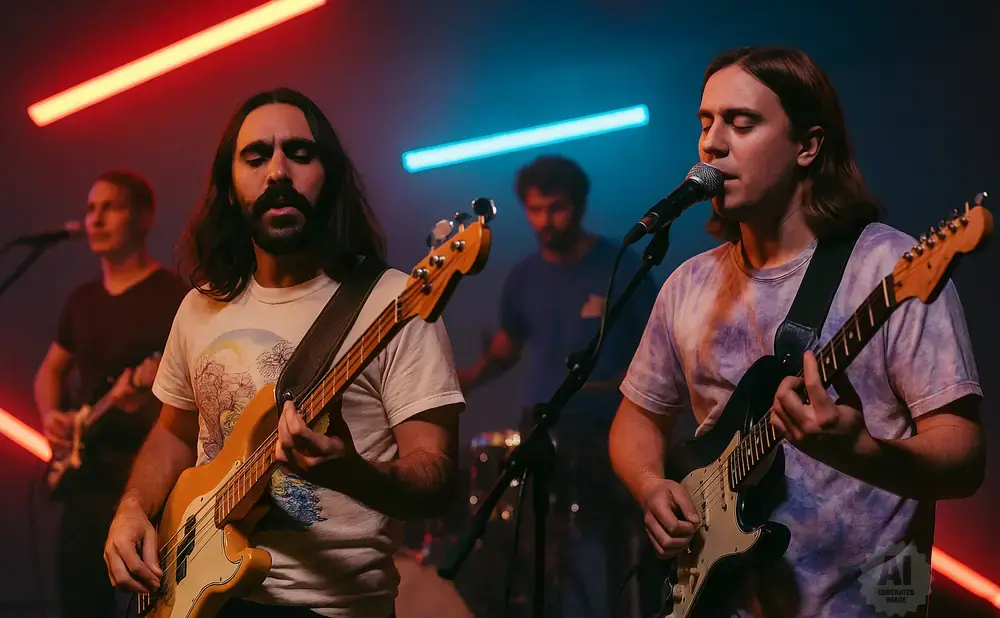 A band performs on stage with red and blue lighting.
